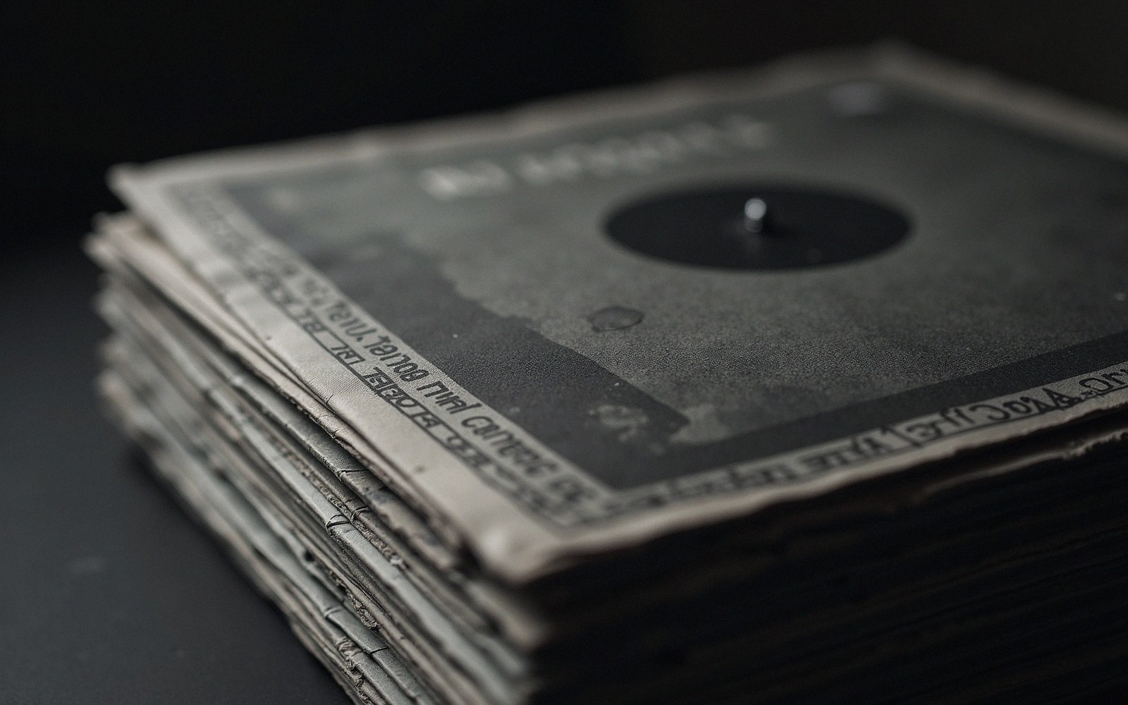 Stack of 7-inch record sleeves seen edge on in high contrast light